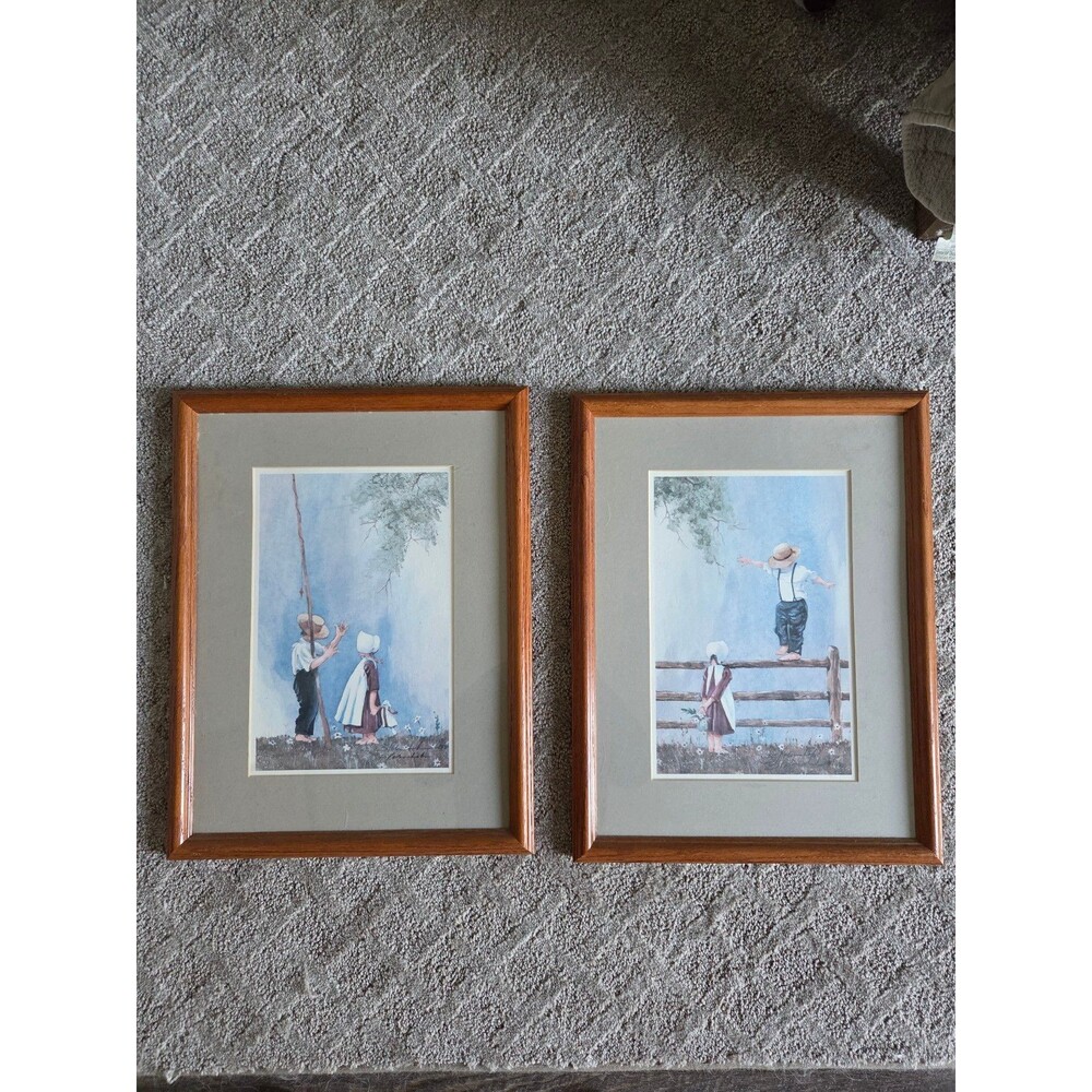 Set of 2 Vintage Framed Amish Children Prints – Country Life Scenes
